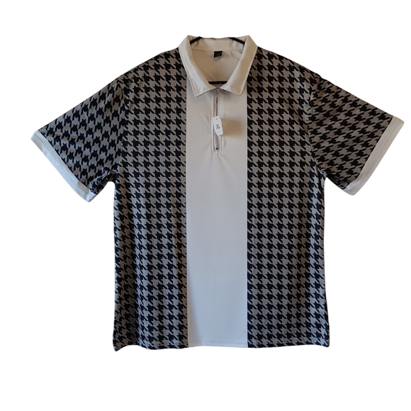 Men's black/gray houndstooth print short-sleeve zip front polo shirt size XL - Picture 2 of 8